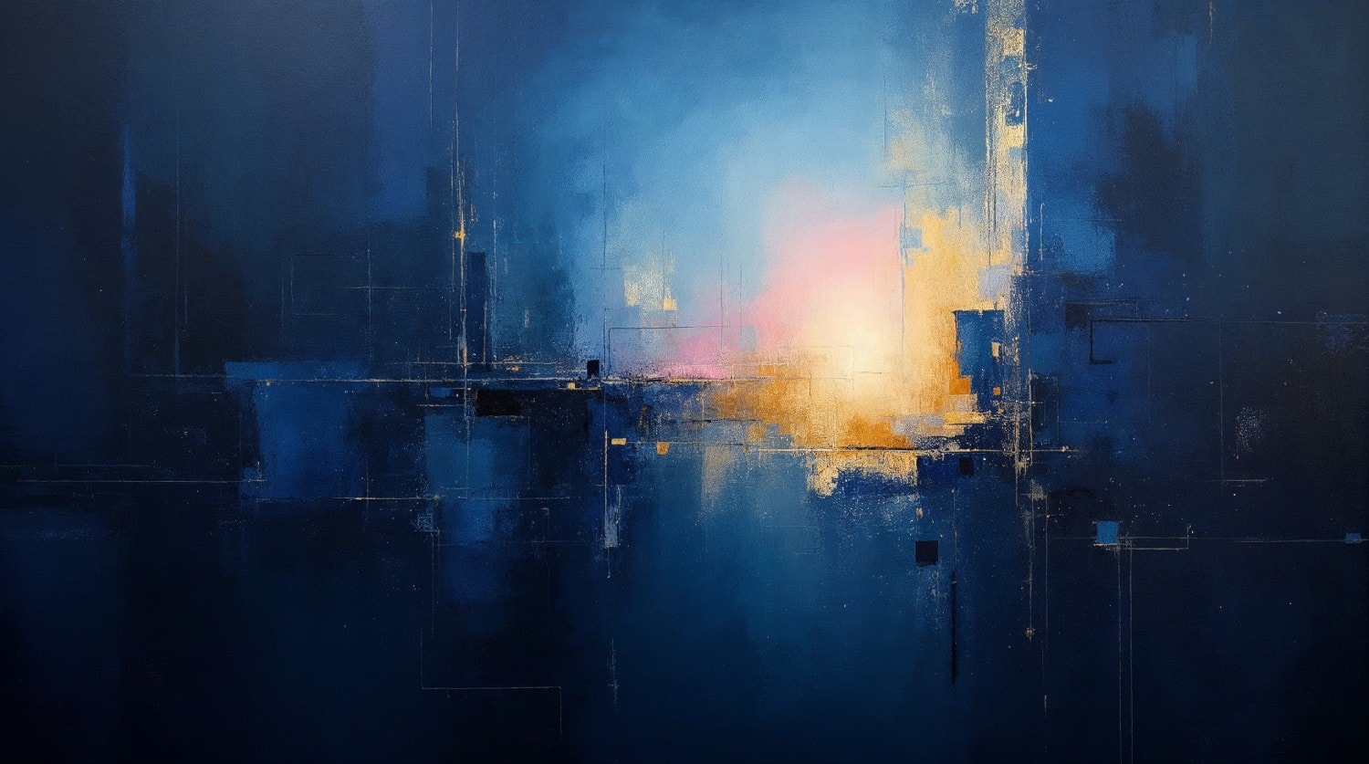 Abstract painting: a working drawing in gold lines over prussian blue.