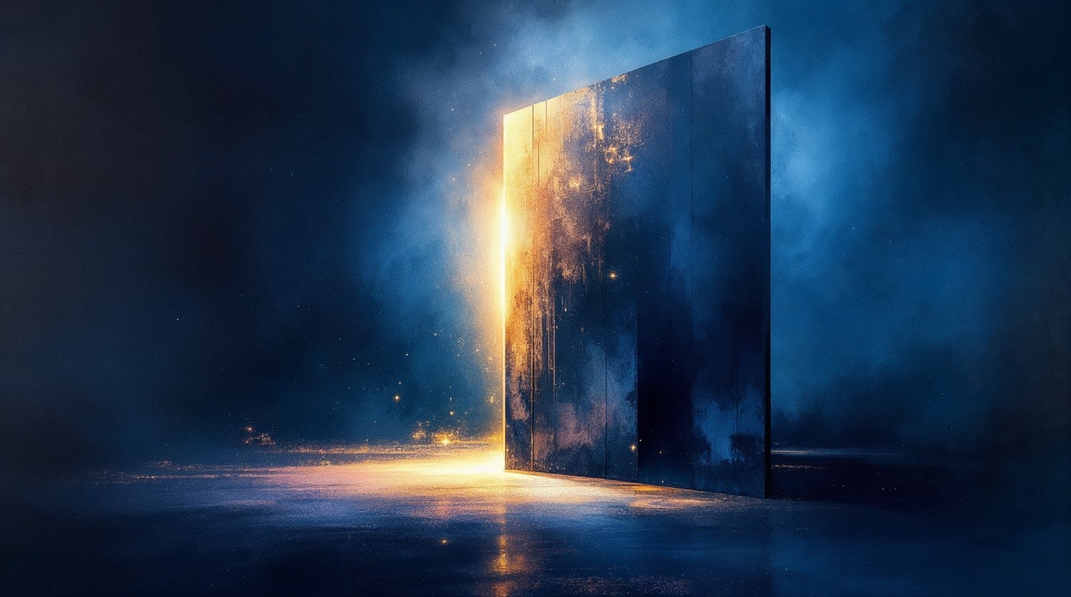 Abstract painting: a bright opening in a dark field.