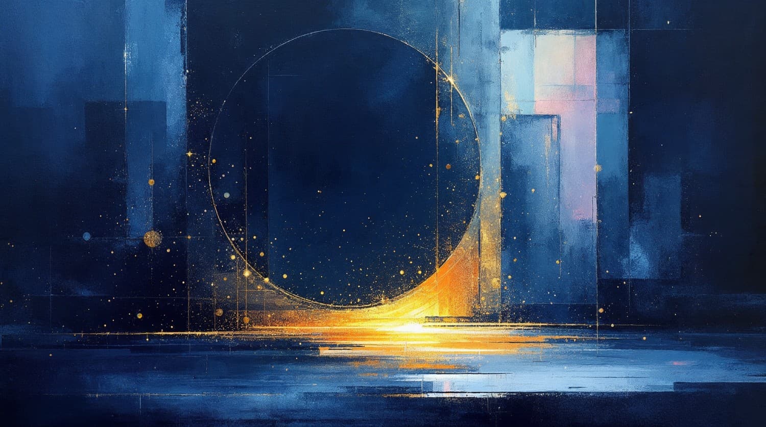Abstract painting: a gold arc across a prussian field.